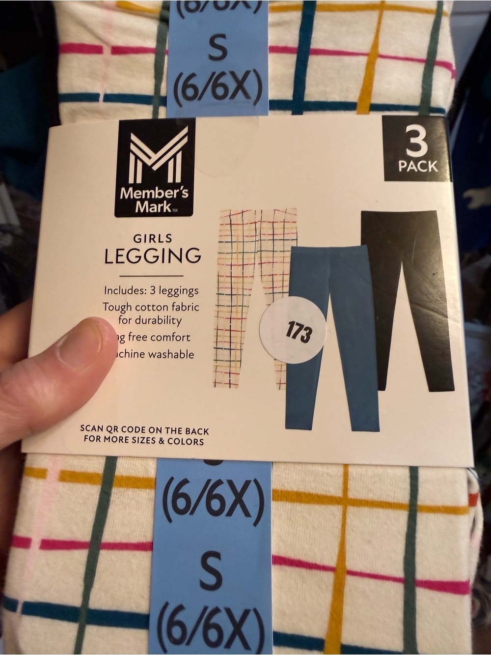 Member's Mark Girls' 3-Pack Leggings - Plaid White, Blue, Black